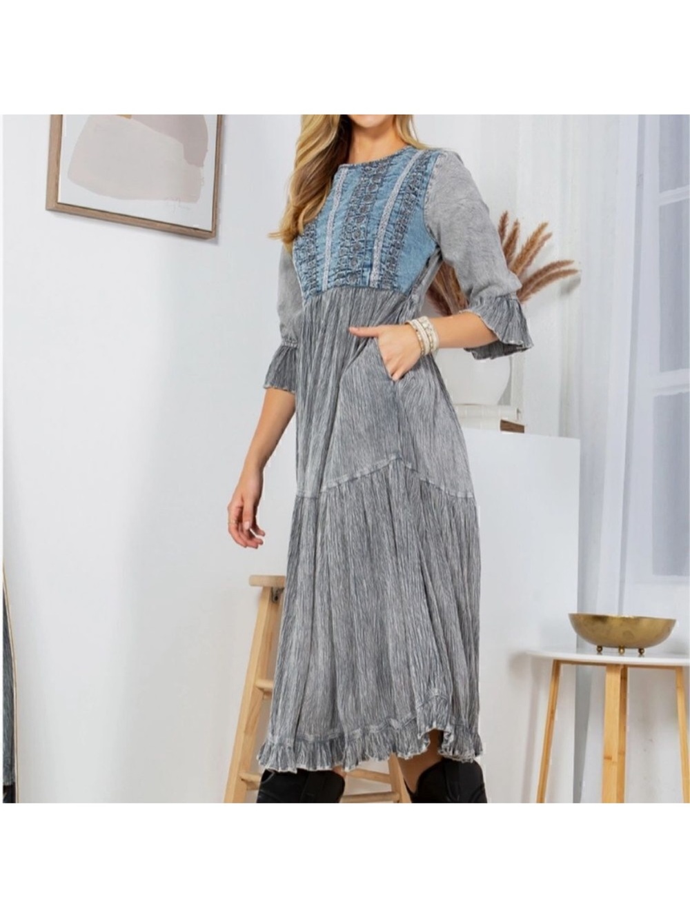 New Young Threads Grey Tiered Maxi Dress with Textured Bodice - Picture 2 of 8
